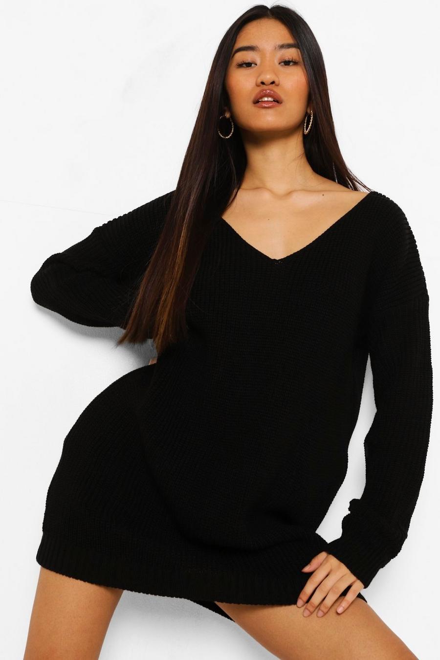 Minivestido estilo suéter con cuello en pico PETITE, Negro image number 1