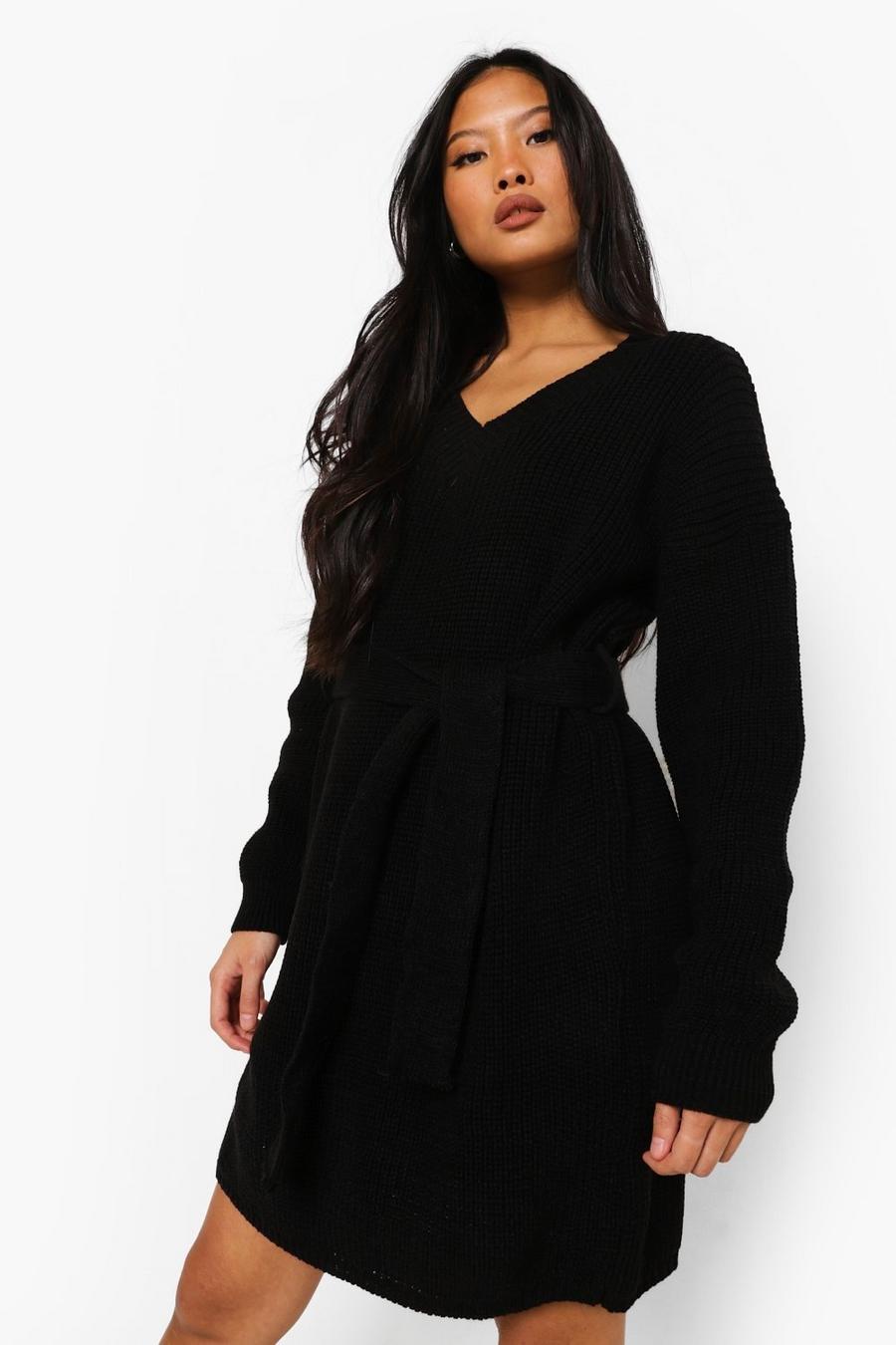שחור שמלת סוודר עם חגורה וצווארון וי פטיט image number 1