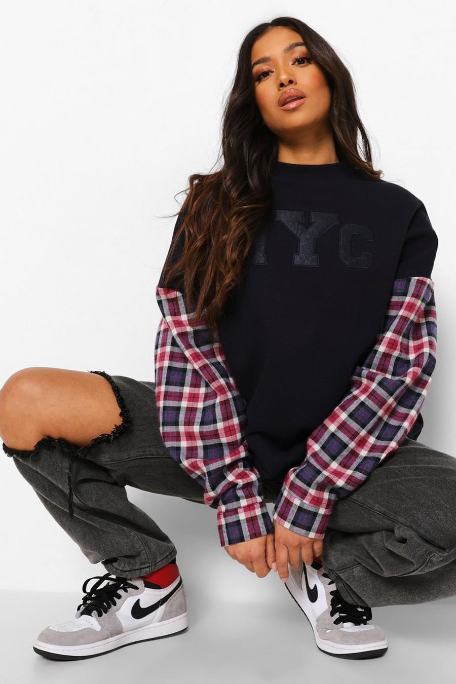 Navy Petite Nyc Flannel Oversized Sweatshirt image number 1
