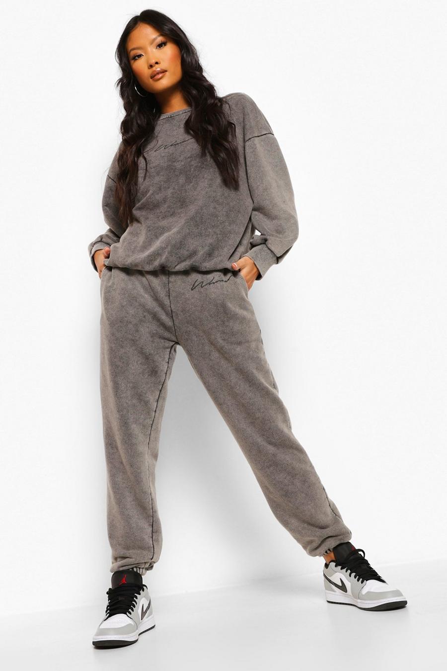 Grey marl Petite Acid Wash Slogan Oversized Joggers image number 1