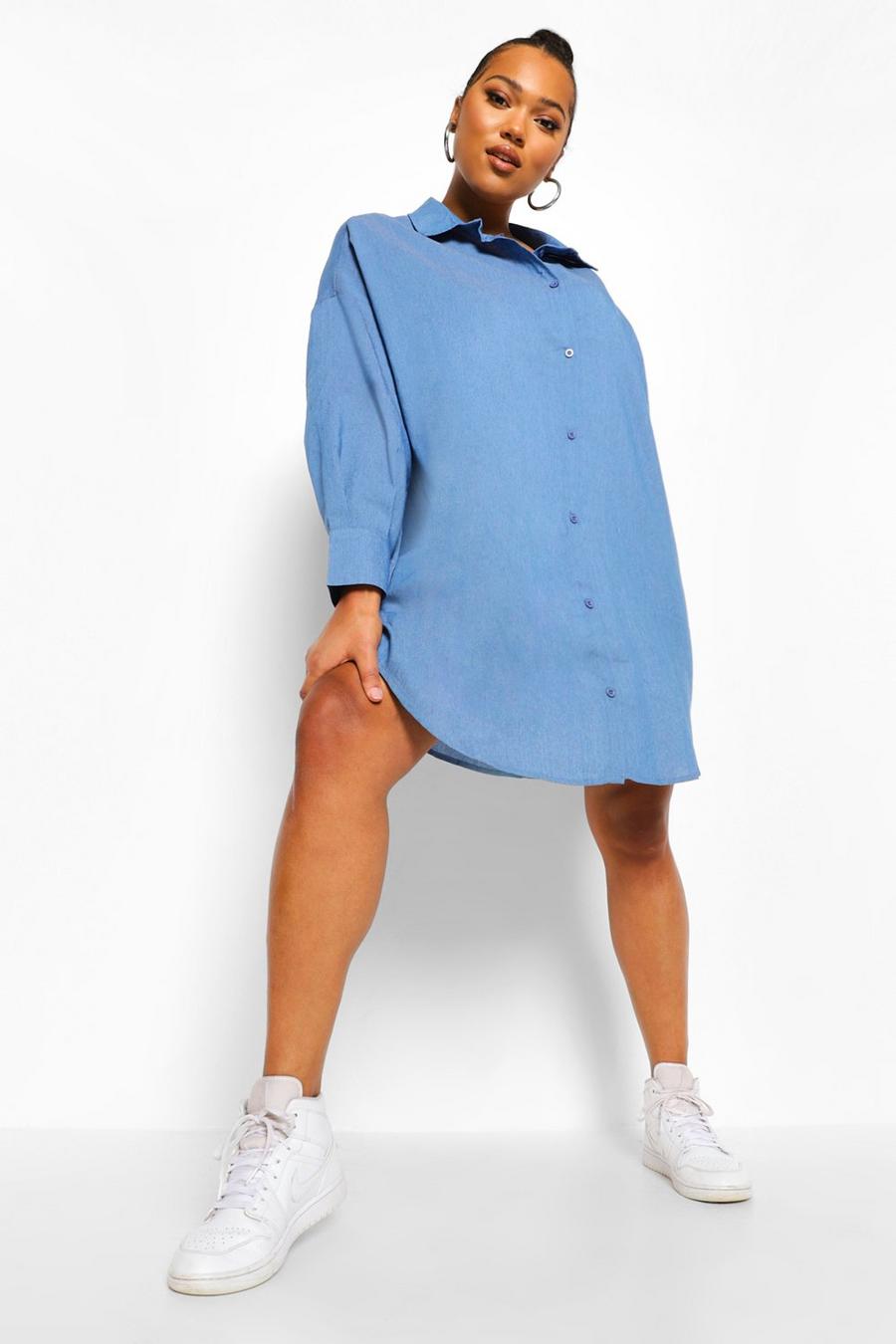 Mid blue Plus - Oversize skjortklänning i chambray image number 1