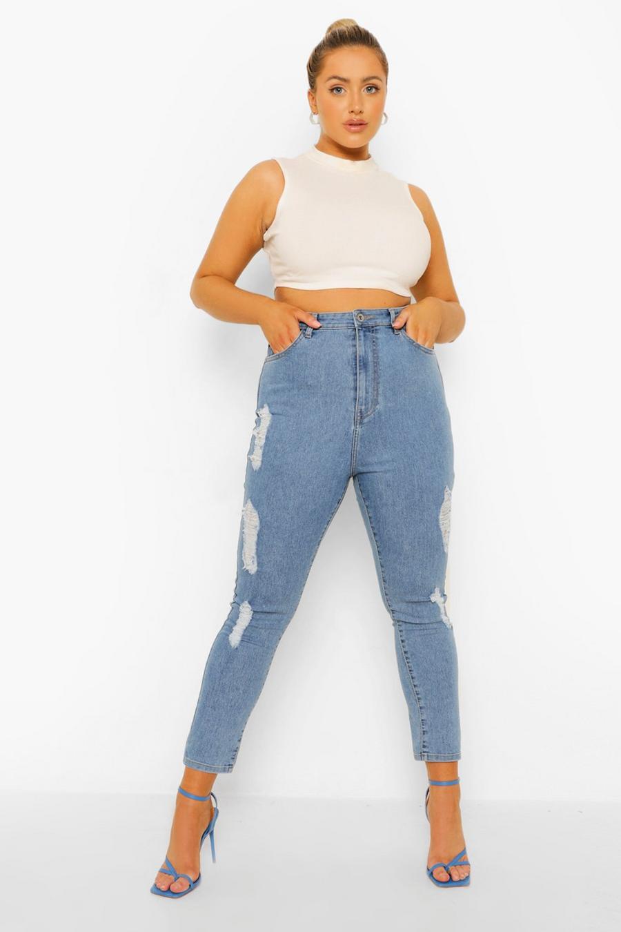 Jeans Plus Size a vita alta Skinny Fit effetto super smagliato, Blu medio image number 1