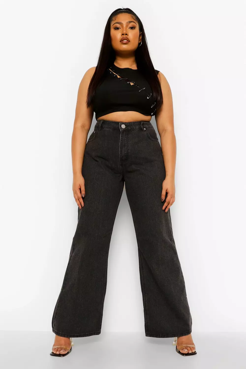 Plus Size Black Stretch Wide Leg Jeans