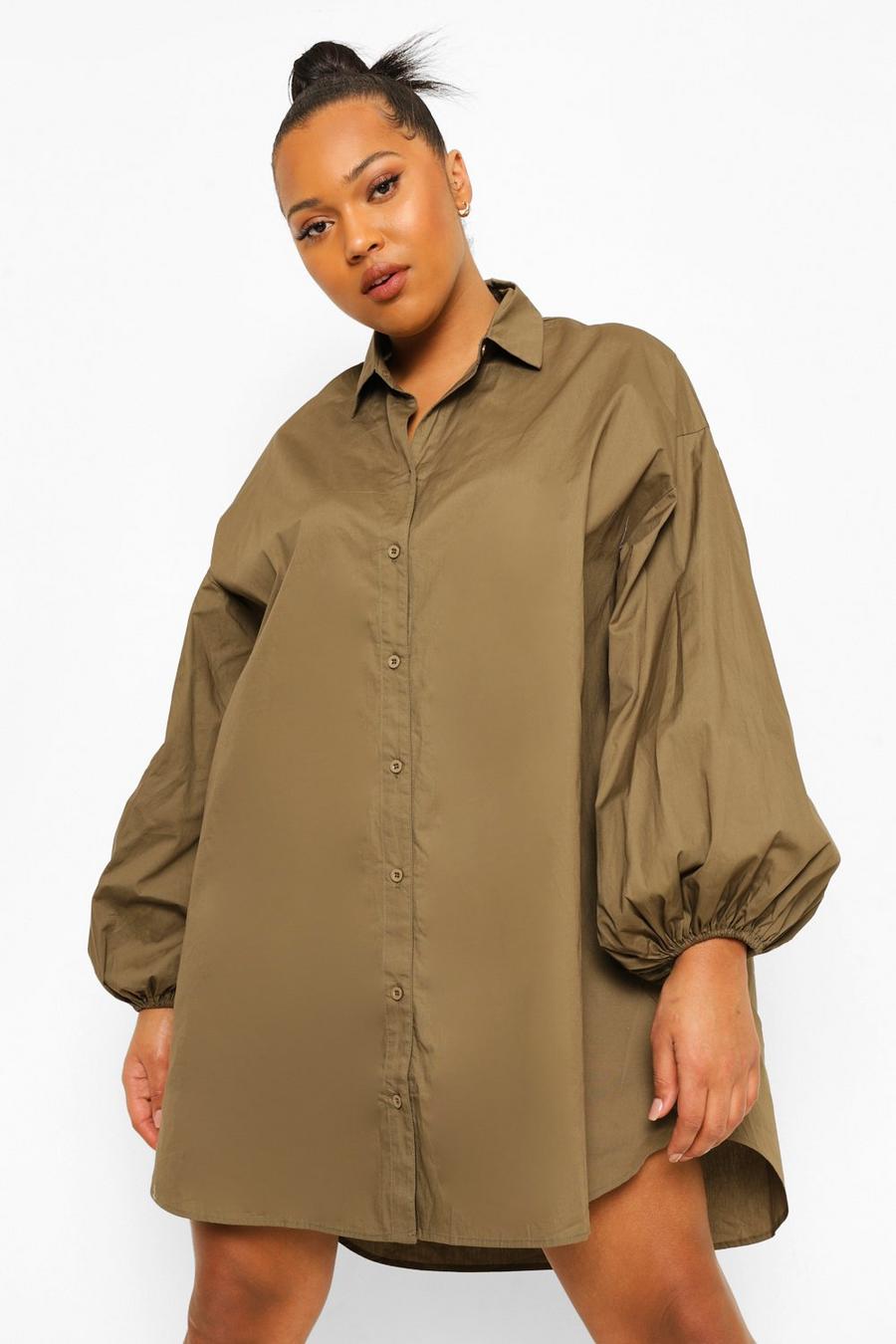 Khaki Plus Oversized Sleeve Shirt Dress image number 1