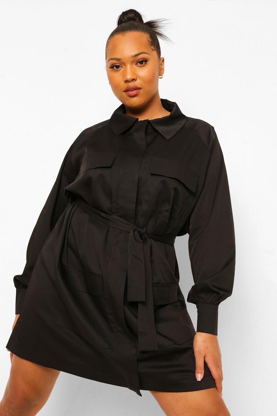 שחור שמלת חולצה בסגנון שימושי עם כיסים וחגורה מידות גדולות image number 1