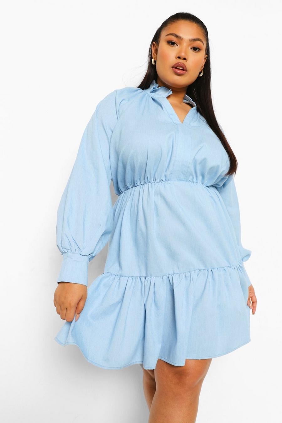 Blue Plus Chambray Tiered Ruffle Smock Dress image number 1