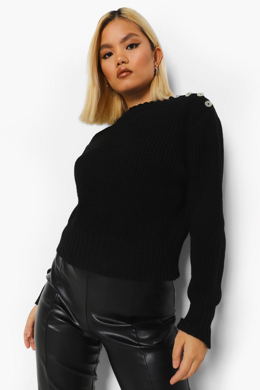 Black Petite Button Detail Cropped Sweater image number 1