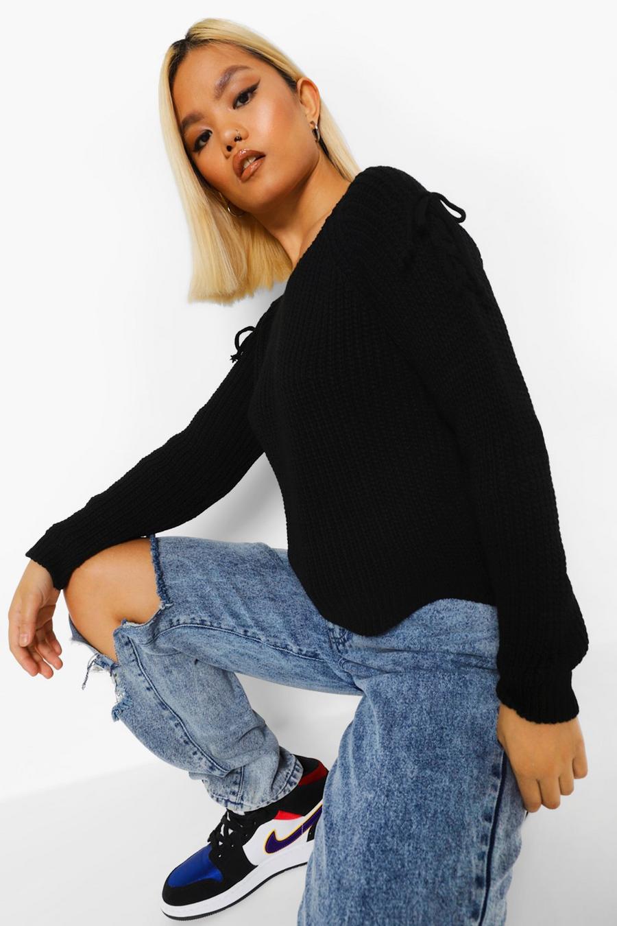Black Petite Lace Up Detail Sweater image number 1