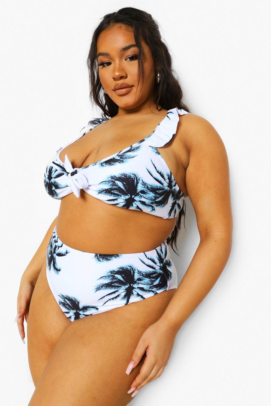 Bikini con stampa di palme allacciato sul davanti Plus, Bianco image number 1