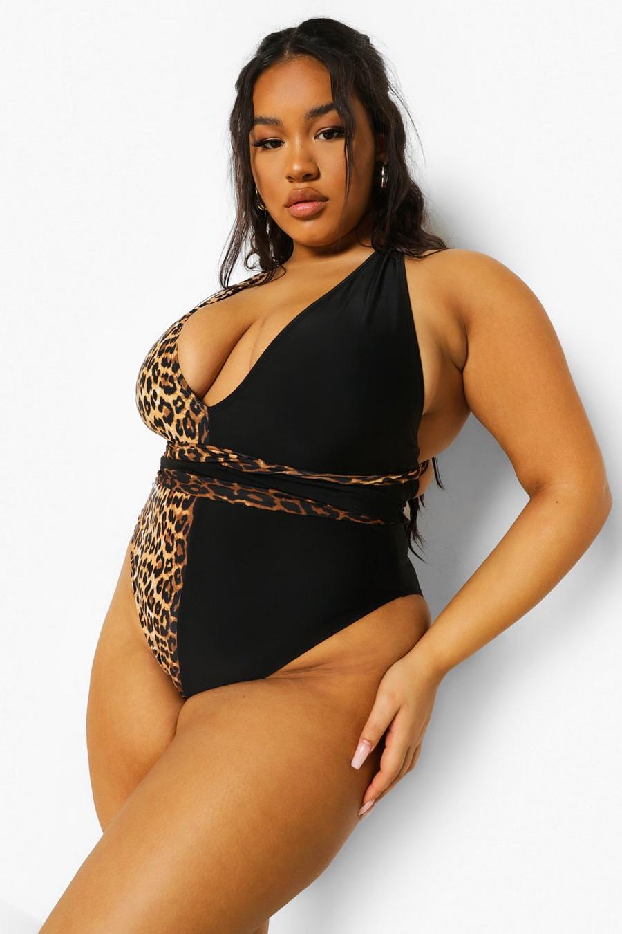 Black Plus Leopard Contrast Plunge Swimsuit image number 1