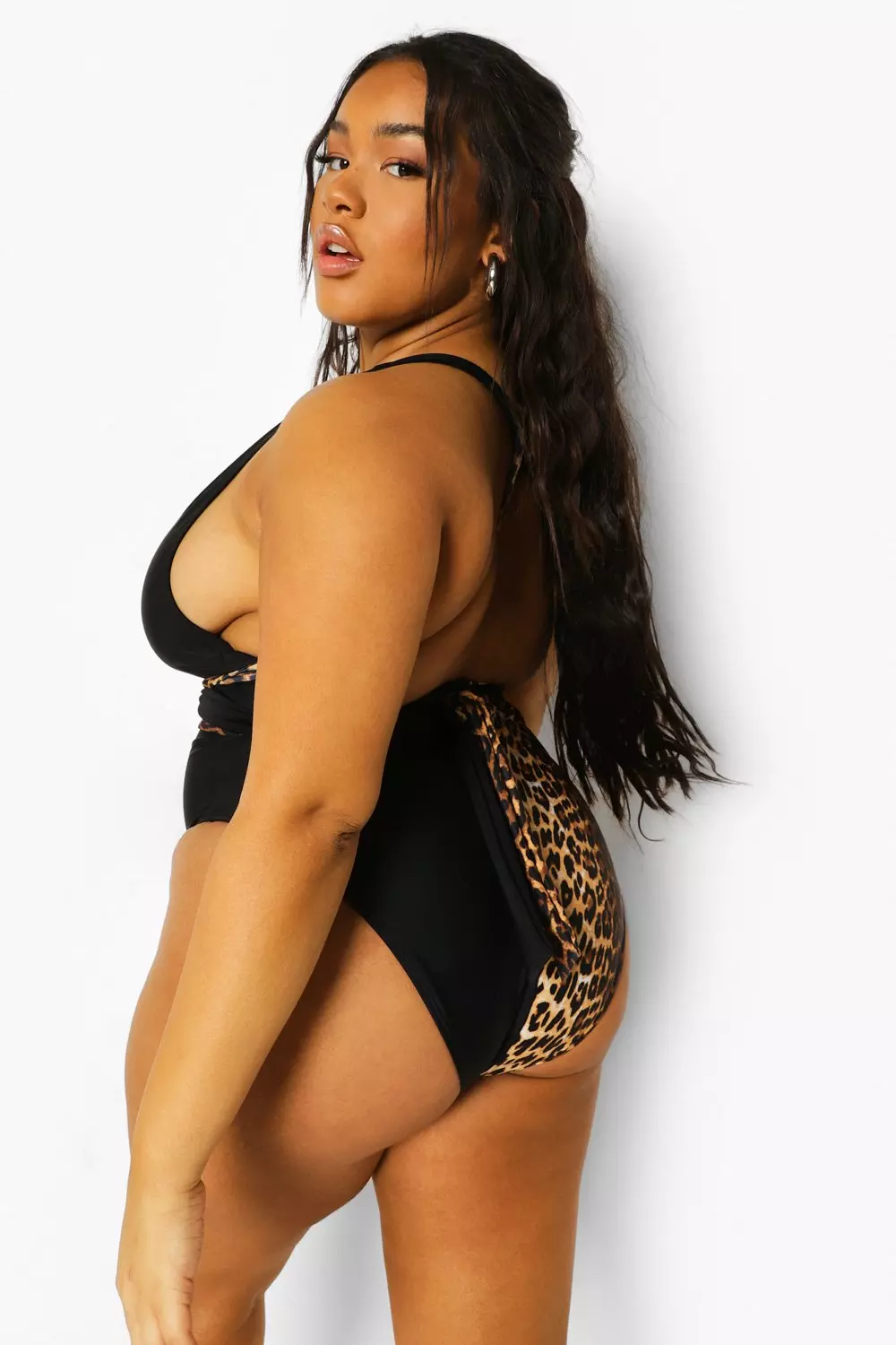 Contrast Leopard Print Plunge Monokini Deep V Ruched Halter - Temu