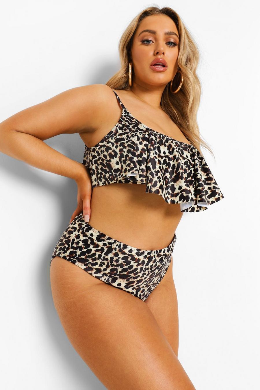 Brown Plus - Leopardmönstrad bikini med volanger och hög midja image number 1