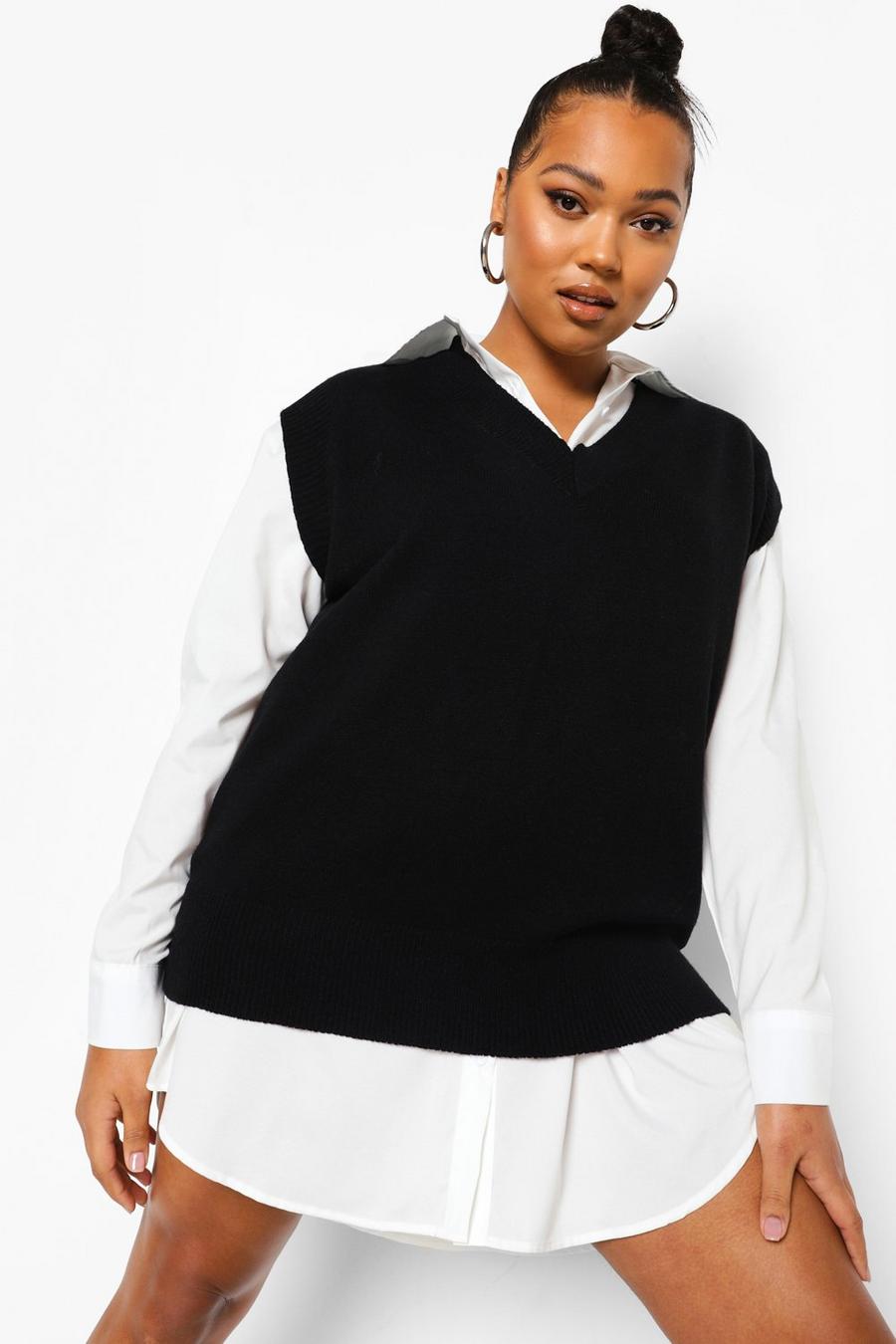 Black Plus 2 In 1 Oversized Jumper Shirt Dress image number 1