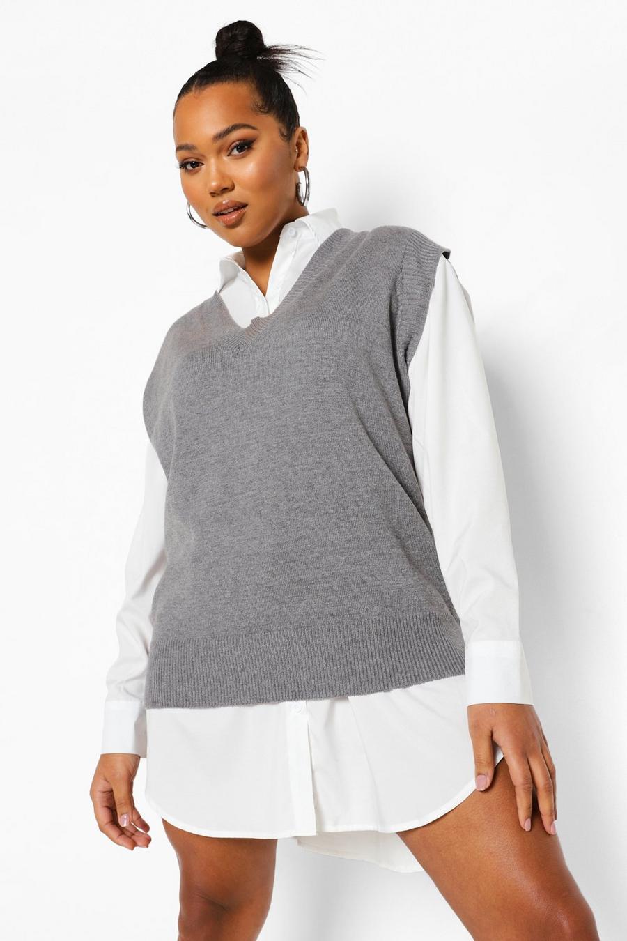 Grande taille - Robe chemise et pull sans manches oversize 2 en 1, Dark grey gris