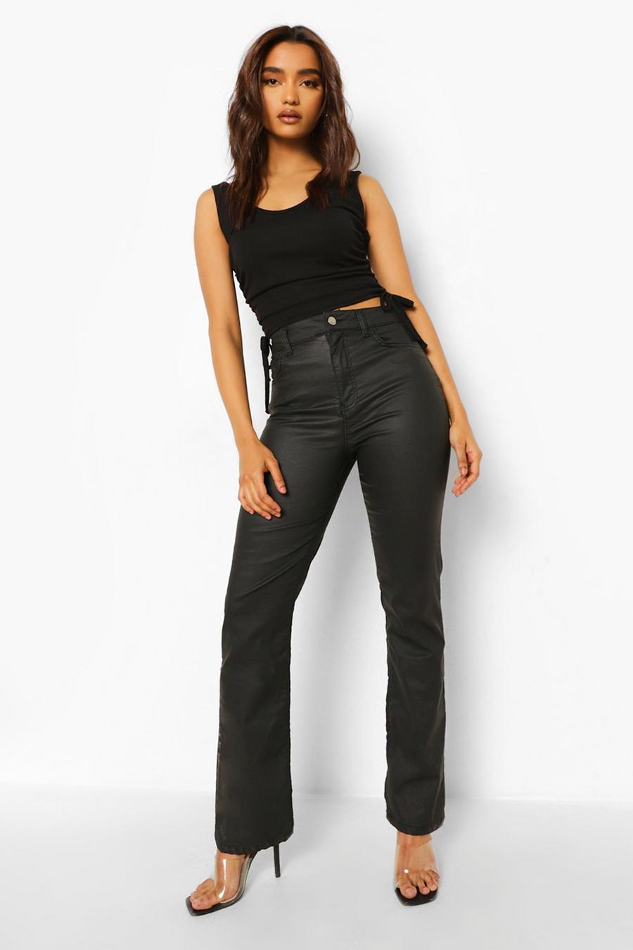 שחור מכנסי ג'ינס High Waist פטיט מתרחבים עם ציפוי image number 1