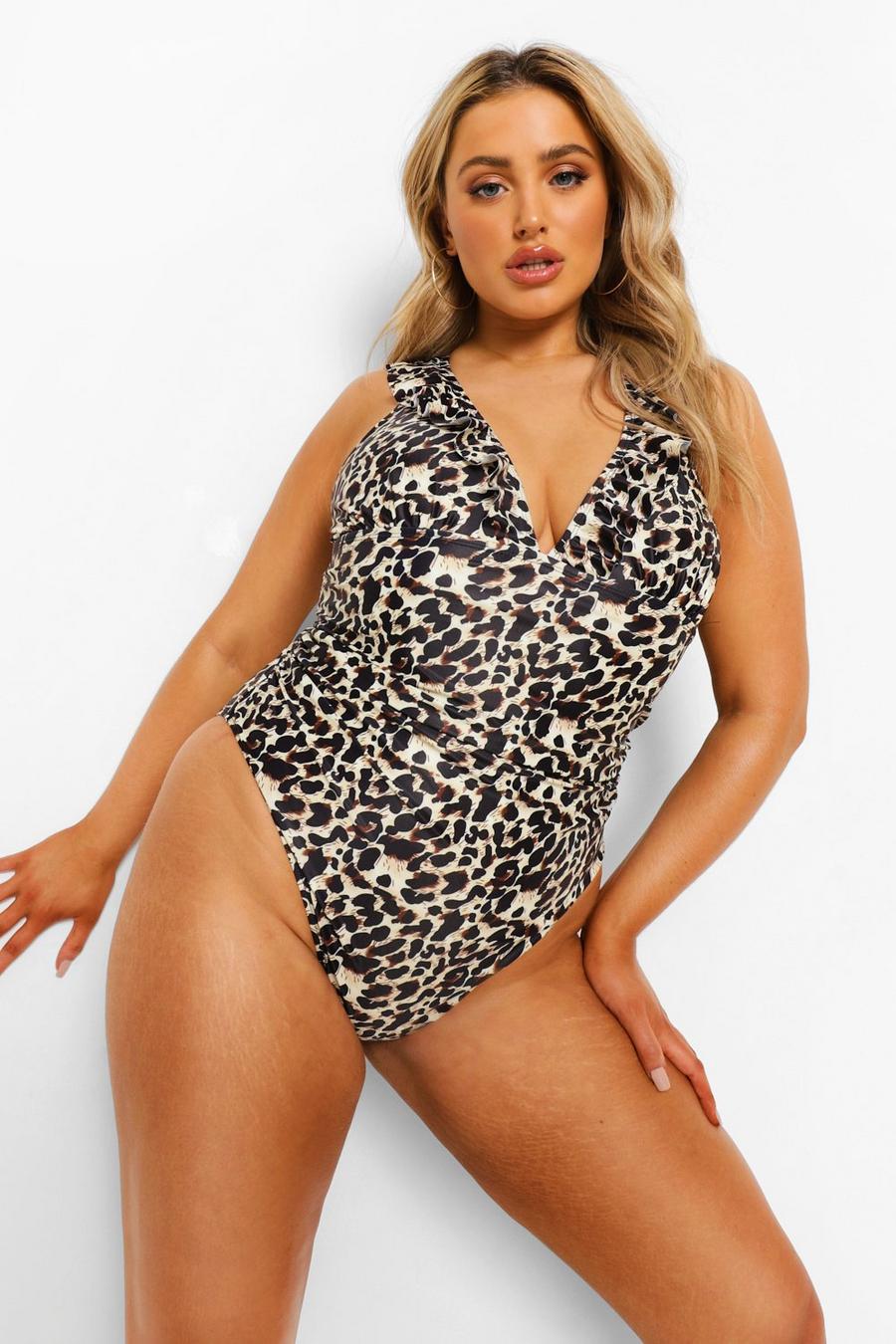 Brown Plus Leopard Ruffle Swimsuit image number 1
