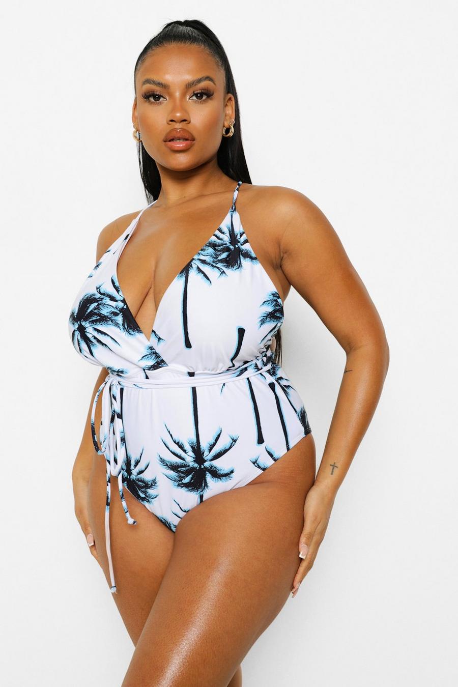 White Plus Palm Print Wrap Swimsuit image number 1