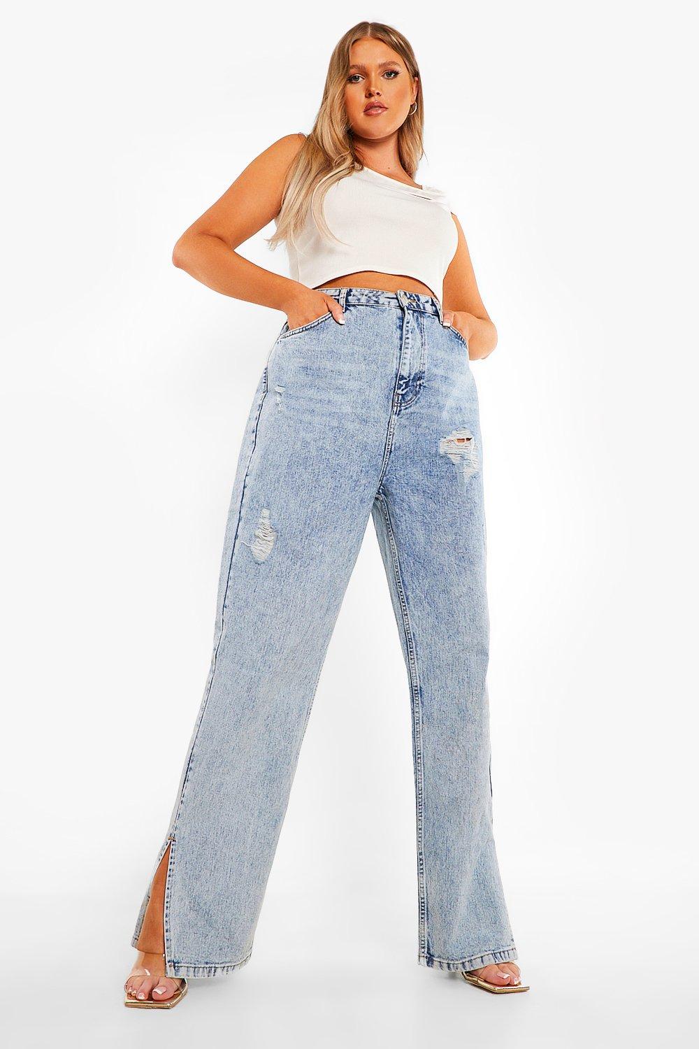vintage wash long leg split hem straight jeans