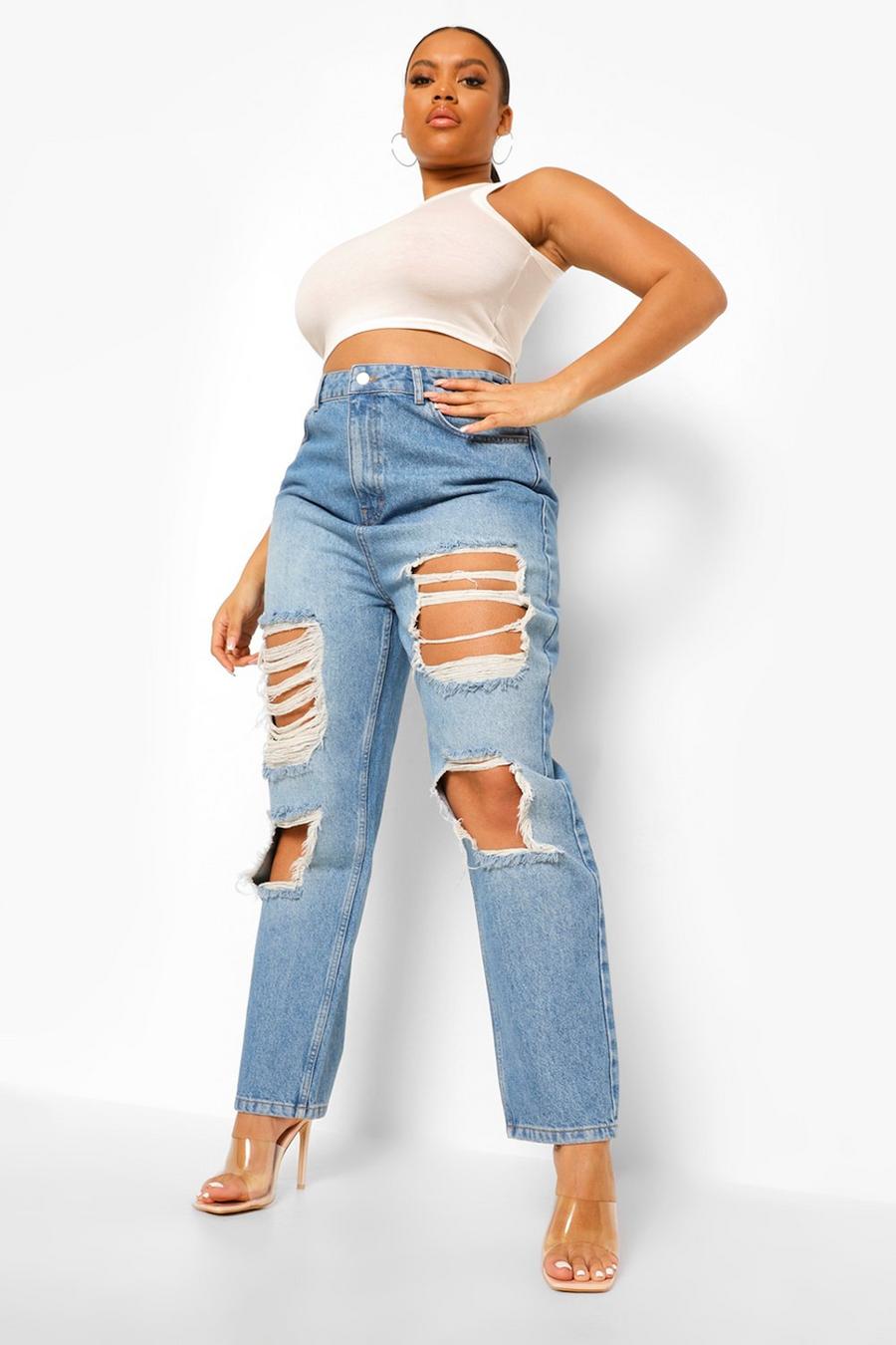 Mid blue Plus - Slitna mom jeans med uppvikt kant image number 1