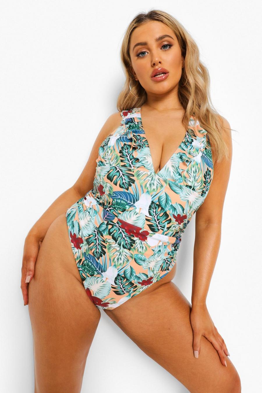 Green Plus Tropical Ruffle Plunge Swimsuit image number 1