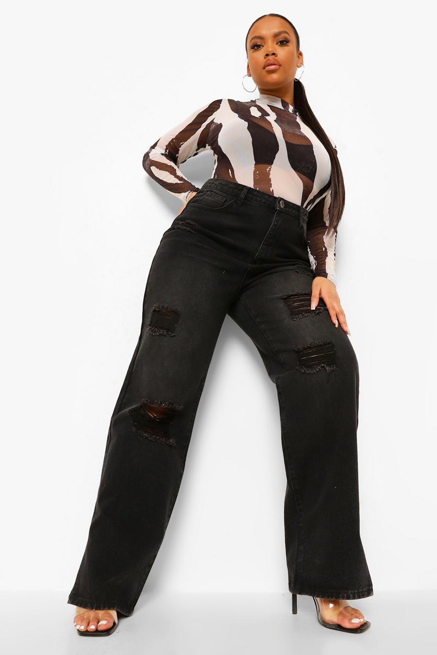 Plus High-Waist Jeans in Destroyed-Optik mit geteiltem Saum, Schwarz image number 1