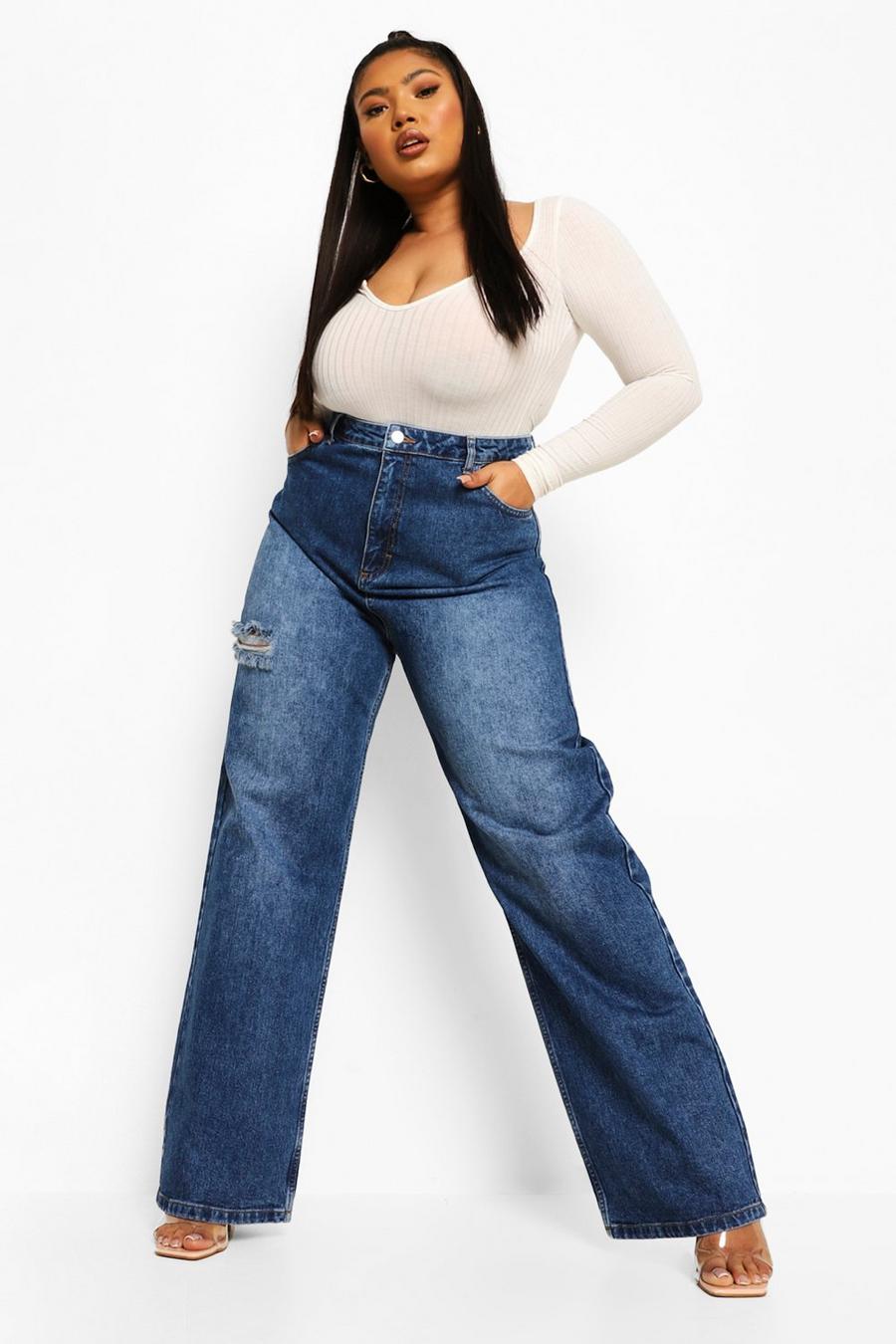 Mid blue Plus Thigh Rip Relaxed Fit Jeans image number 1