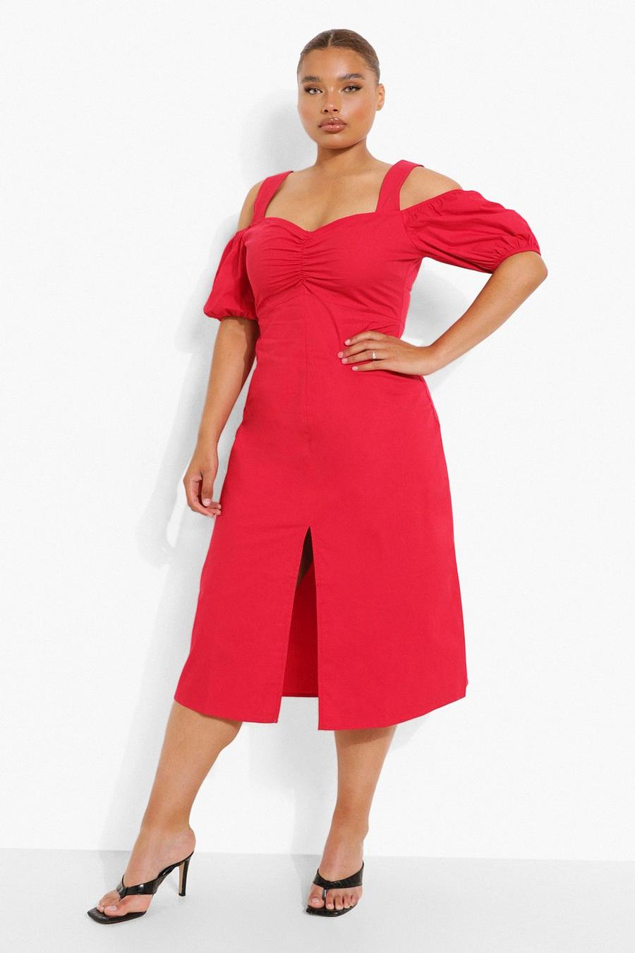 Red Plus Open Shoulder Ruched Midi Dress image number 1