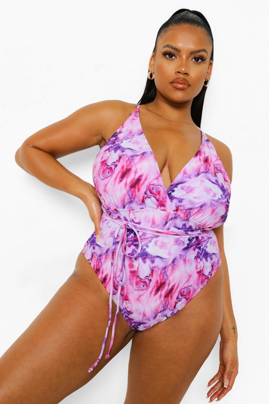 Purple Plus Marble Print Plunge Wrap Swimsuit image number 1