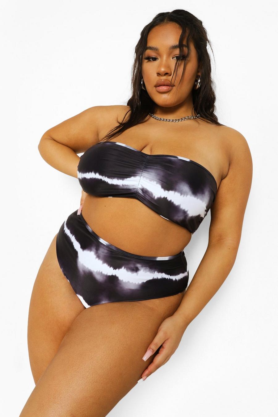 Bikini bandeau taille haute effet tie-dye Plus , Noir image number 1