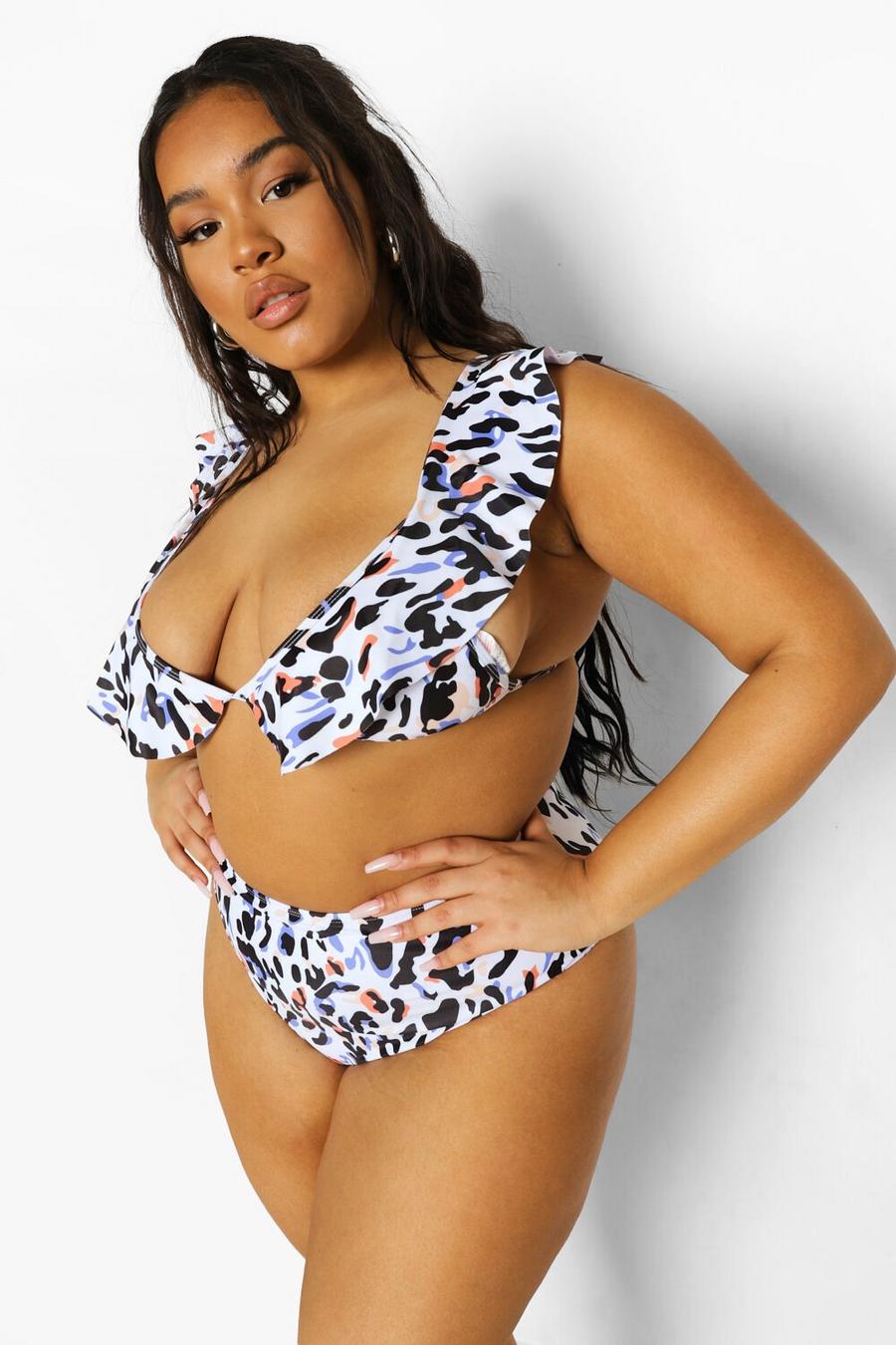 Plus High-waist Bikini-Set mit Rüschen und Leopardenmuster , Schwarz image number 1