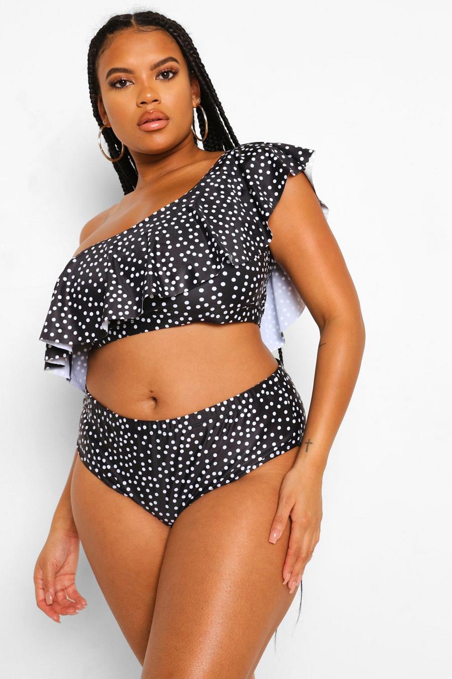 Black Plus Polka Dot One Shoulder Ruffle Bikini image number 1