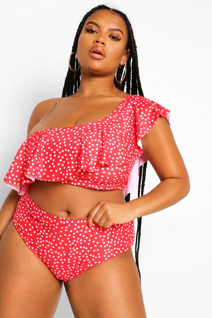Red Plus Polka Dot One Shoulder Ruffle Bikini image number 1
