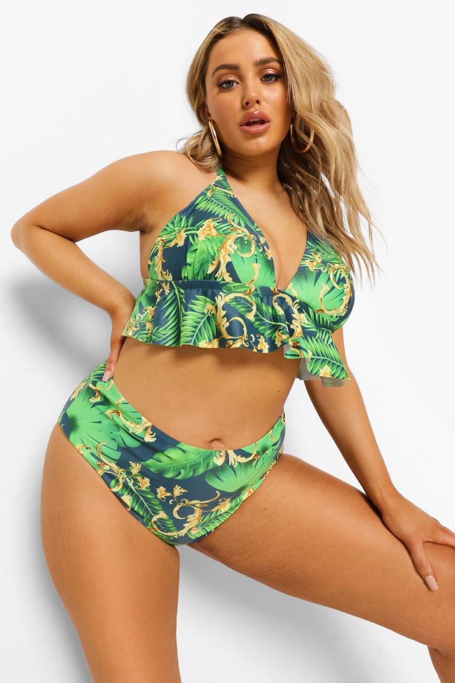 Bikini taille haute à volants et chaîne tropical Plus, Turquoise image number 1