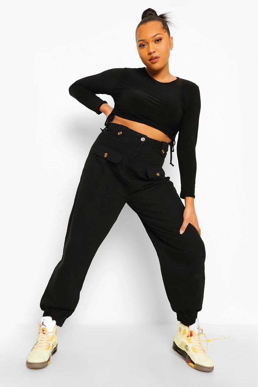 Black Plus Button Detail Cuffed Cargo Pants image number 1