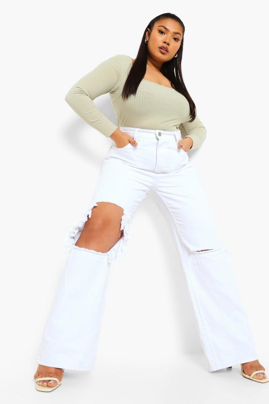 White Plus Ripped Knee Boyfriend Jeans image number 1