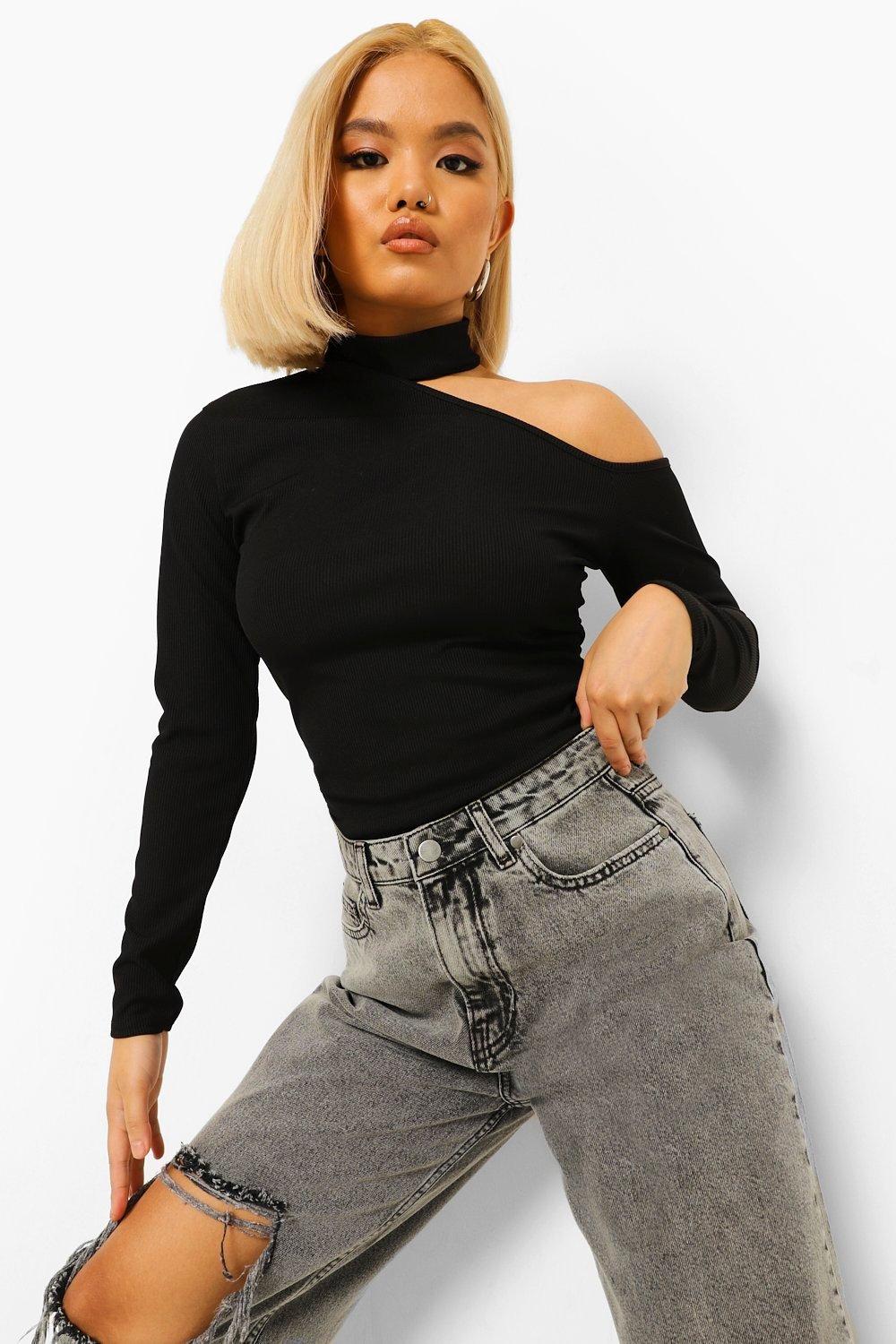 Petite High Neck One Shoulder Ribbed Top