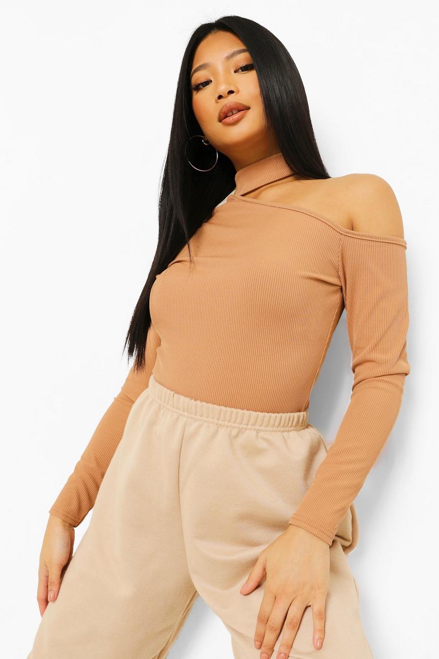 Toffee Petite High Neck One Shoulder Ribbed Top image number 1