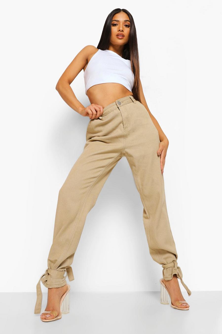 Taupe Petite Tie Ankle Straight Leg Jeans image number 1