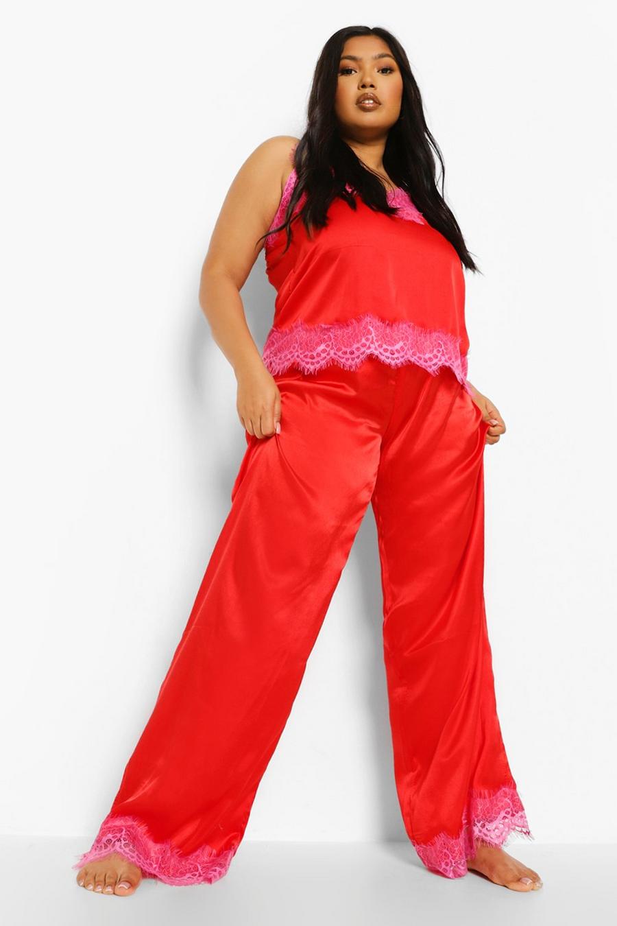 אדום סט גופיית קמיסול ומכנסיים עם עיטור תחרה דמוית ריסים בצבע מנוגד מידות גדולות image number 1