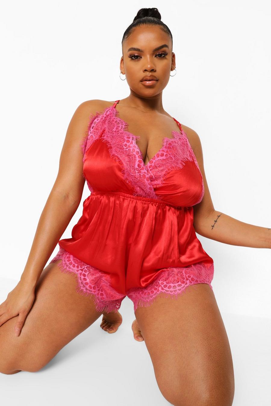 Red rouge Plus Lace Trim Contrast Teddy