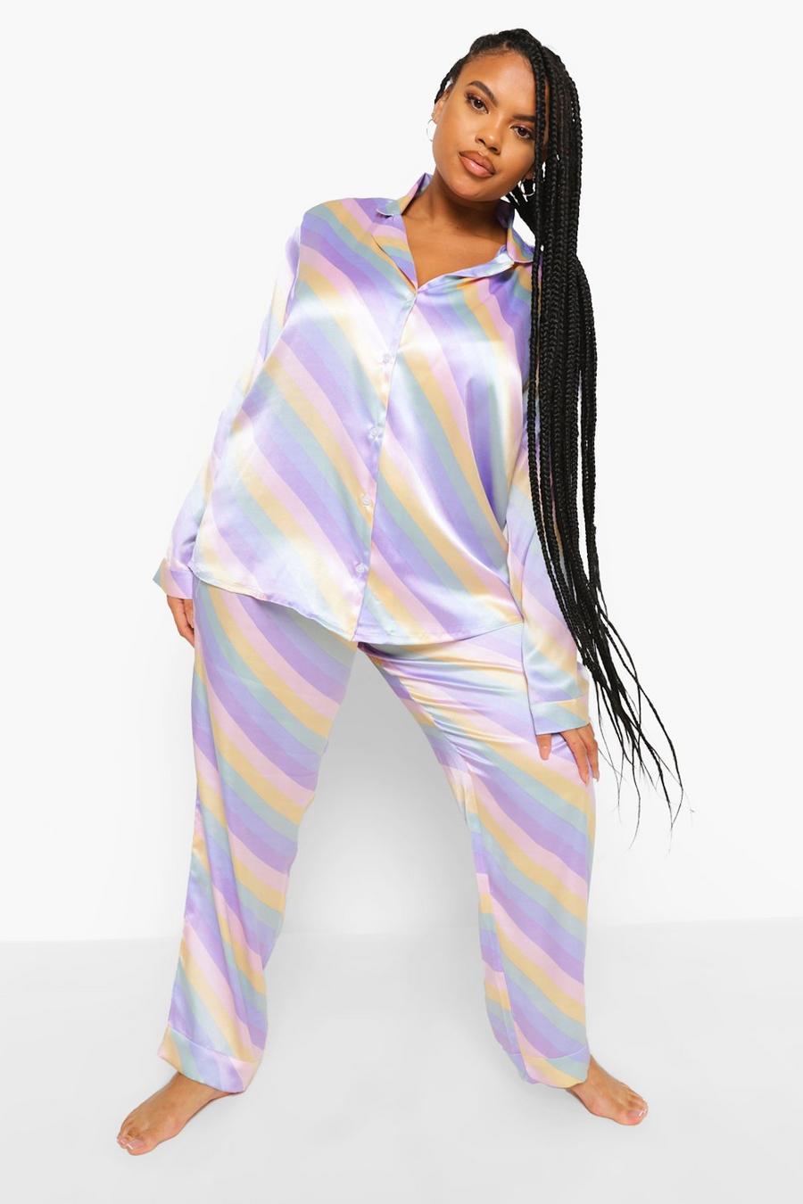 Plus Pastellfarbener Satin-Pyjama mit Streifen, Mehrfarbig image number 1