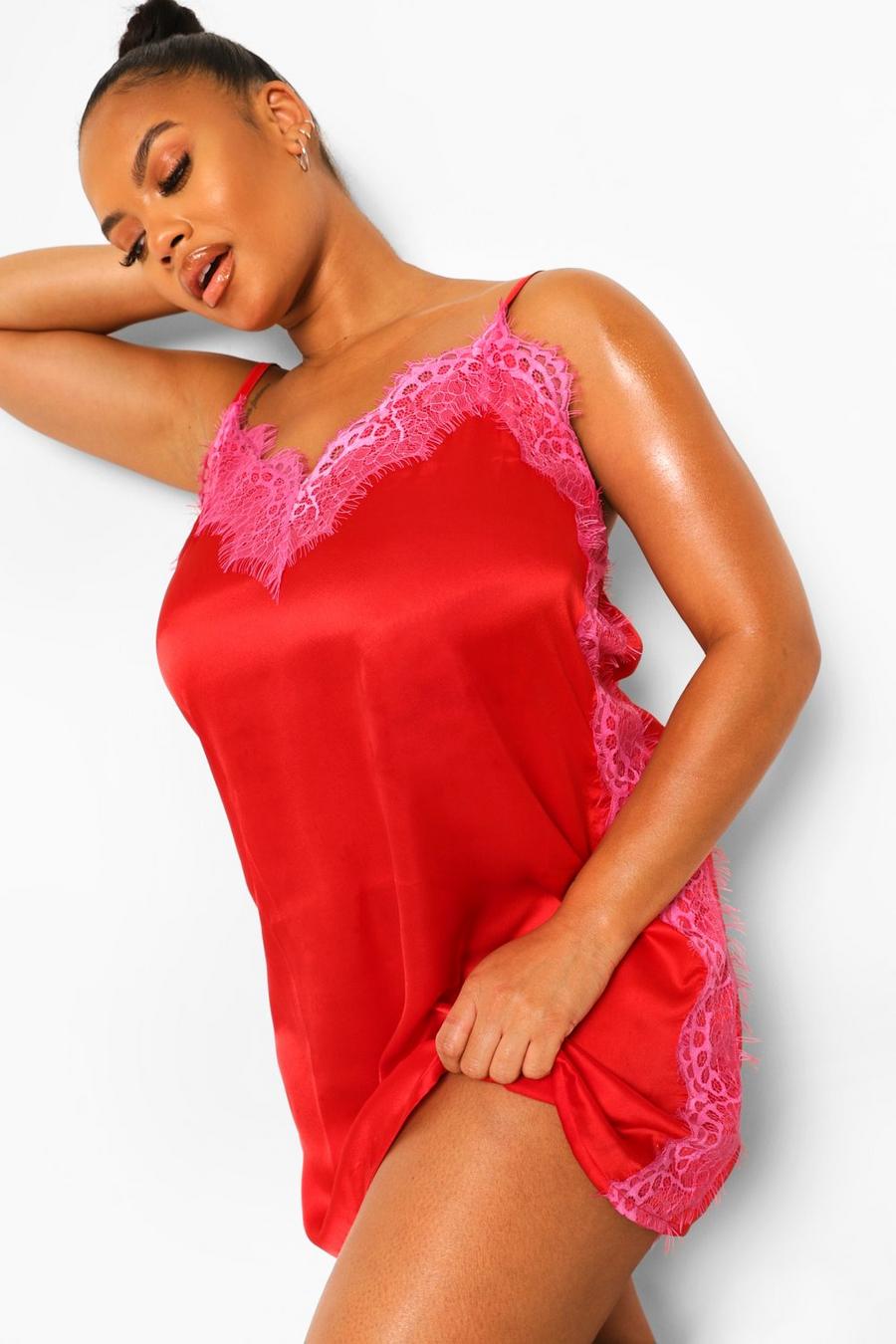 Red Plus Lace Trim Contrast Chemise image number 1