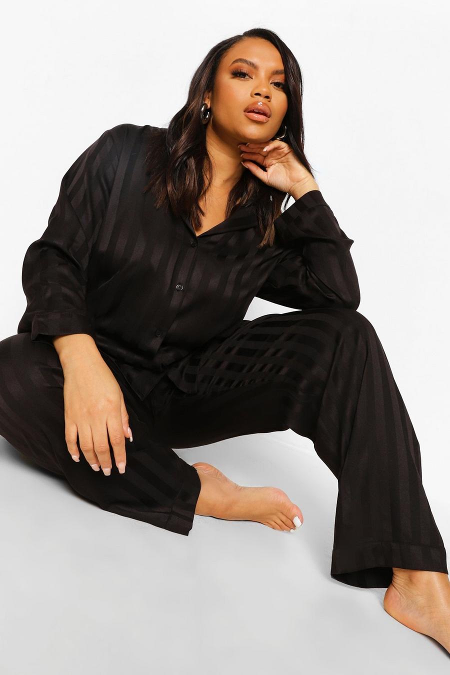 Black Plus Jacquard Stripe Satin Pajamas image number 1