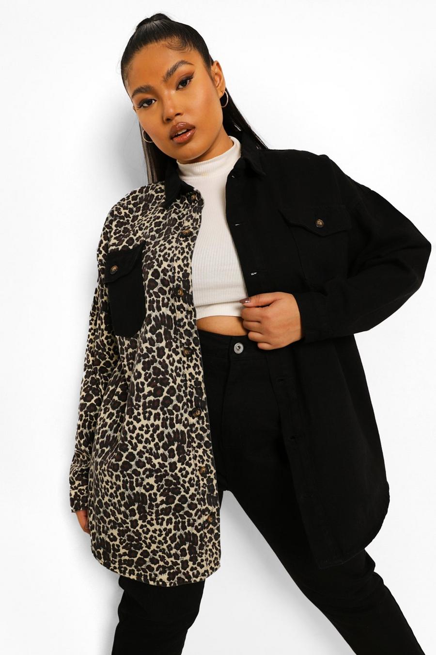Grande taille - Chemise en jean oversize bicolore léopard, Noir image number 1