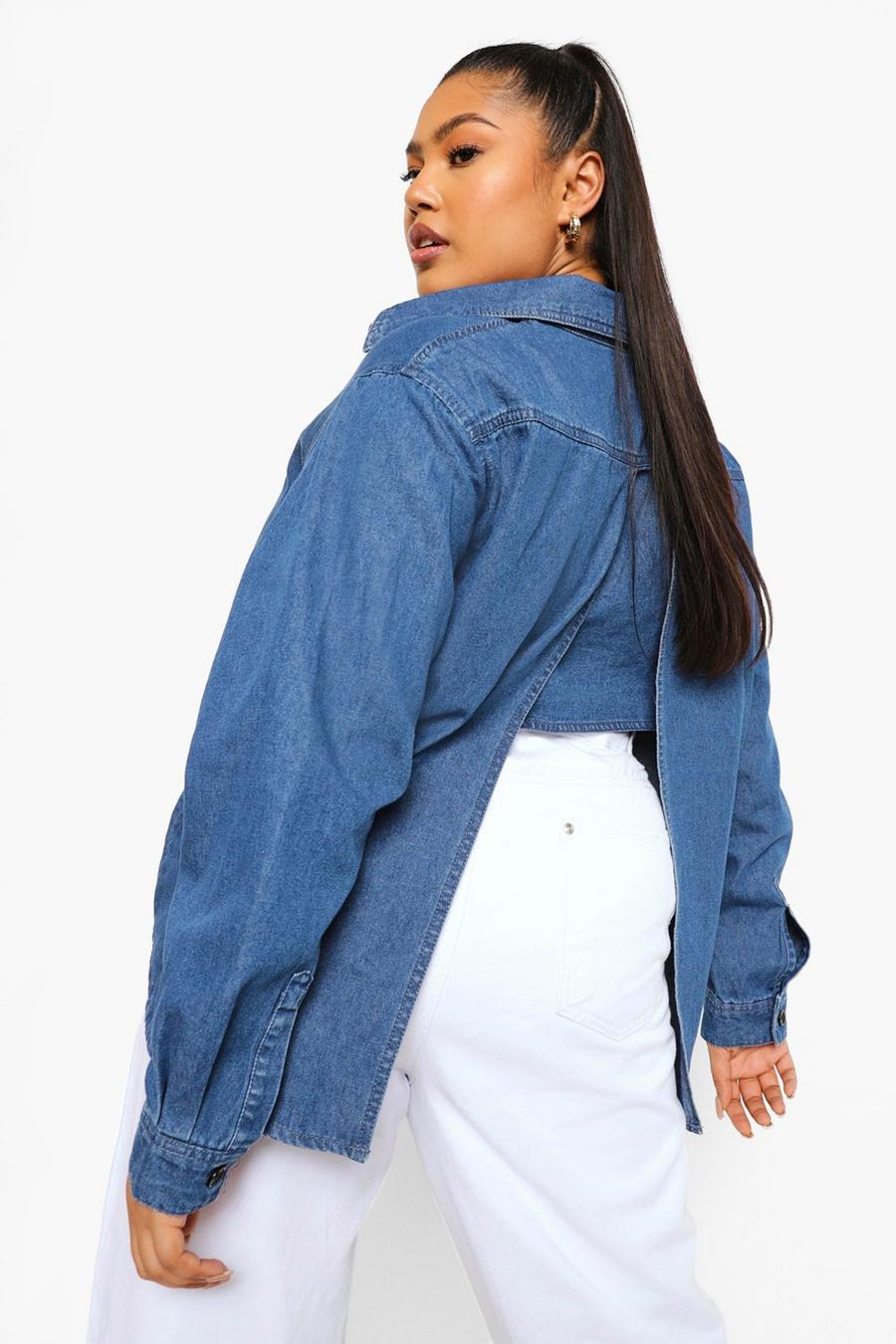 Mid blue Plus Spit Back Oversized Denim Shirt image number 1