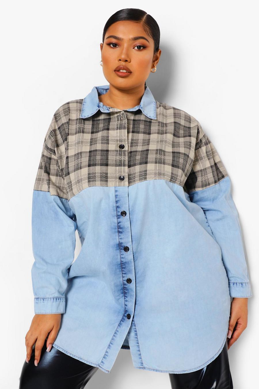 Grande taille - Chemise en jean oversize à empiècement à carreaux, Light blue image number 1