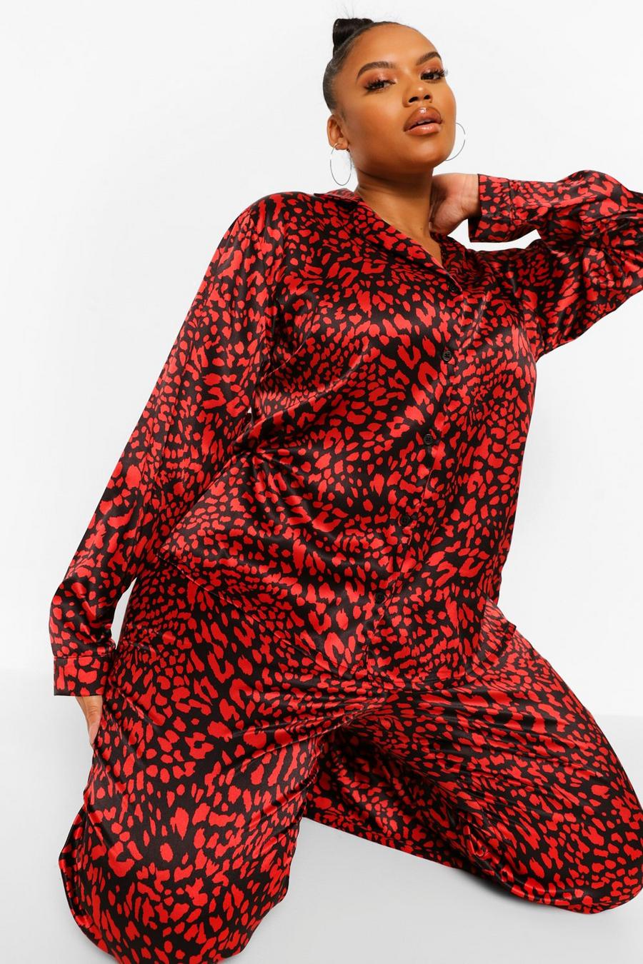 Red Plus Satijnen Luipaardprint Pyjama image number 1