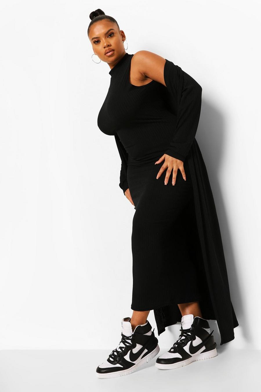 Black Plus Jumbo Rib Midaxi Dress & Cardigan image number 1
