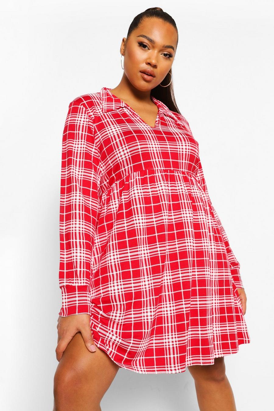 Red Plus Check Collar Smock Dress image number 1