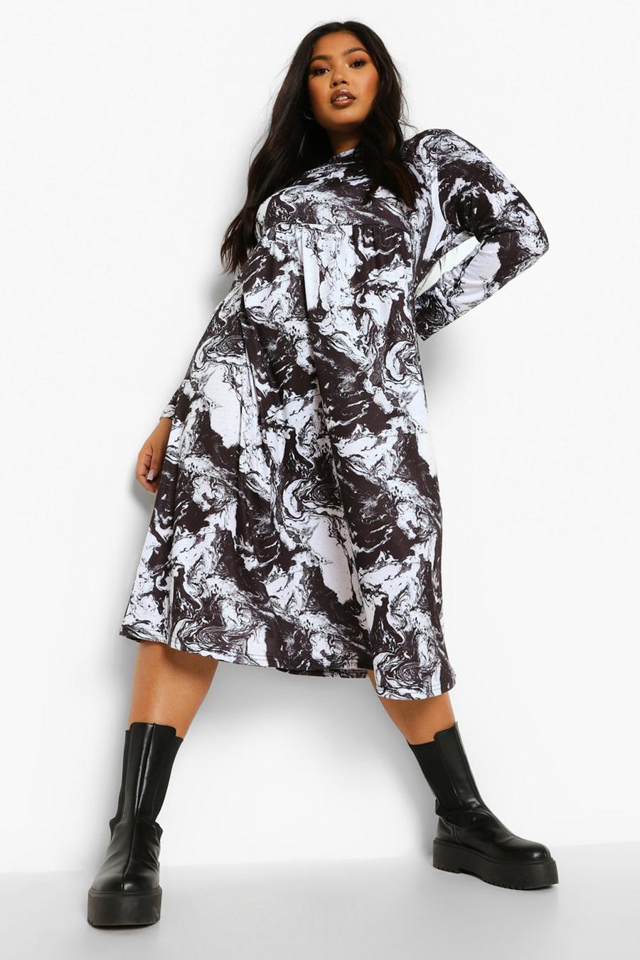 Black Plus Marble Print Long Sleeve Midi Dress image number 1